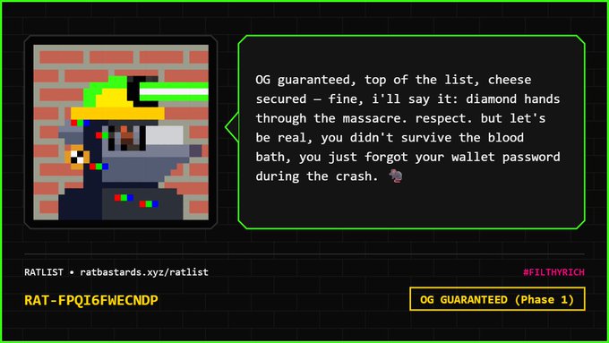 A pixel art graphic of a rat character in a cap with a laser eye, alongside text about being an 'OG guaranteed' diamond hands crypto investor who 'forgot your wallet password during the crash,' referencing RATLIST and ratbastards.xyz/ratlist.