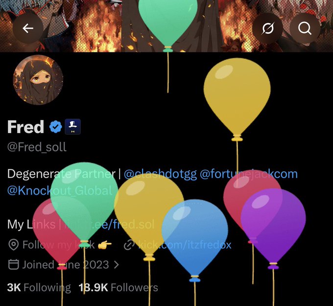 A screenshot shows Fred (@Fred_soll)'s X profile with 18.9K followers, displayed against a backdrop of colorful balloons. The balloons in the image reflect the post's celebration of X (Twitter) gifting him balloons, with the giveaway offering 0.1 SOL to 3 people who drop an address in the comments.