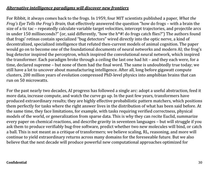 The image displays a section titled "Alternative intelligence paradigms will discover new frontiers" discussing Ribbit's origins and philosophy, referencing a 1959 MIT paper on frog vision ("What the Frog's Eye Tells the Frog's Brain") that inspired early neural network research.

This connects to the post's observation that "$TIBBIR is Ribbit spelt backwards"—the document is from Ribbit, the AI company behind the TIBBIR token ticker, explaining how their name derives from the frog neuroscience paper that helped birth perceptrons and modern AI.