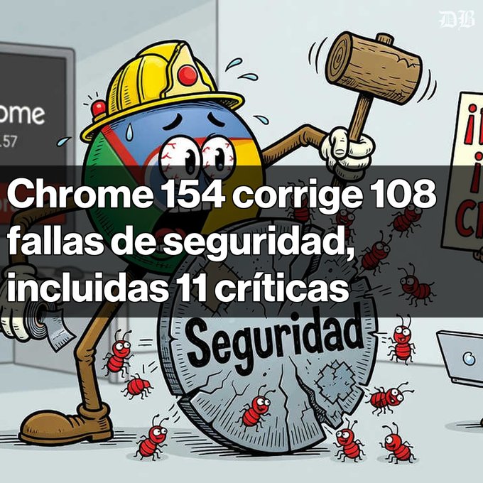 A cartoon of the Chrome mascot dressed as a firefighter hitting bugs with a hammer near a shield labeled 'Seguridad', with Spanish text overlay: 'Chrome 154 corrige 108 fallas de seguridad, incluidas 11 críticas'.