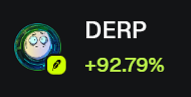 The image shows the ticker symbol "DERP" with a "+92.79%" gain, illustrating the impressive surge of the $DERP token mentioned in the accompanying post.