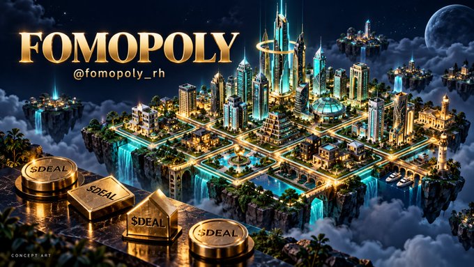 A stylized concept-art cityscape labeled “FOMOPOLY @fomopoly_rh,” showing glowing skyscrapers, floating islands, waterfalls, and gold “$DEAL” tokens in the foreground.