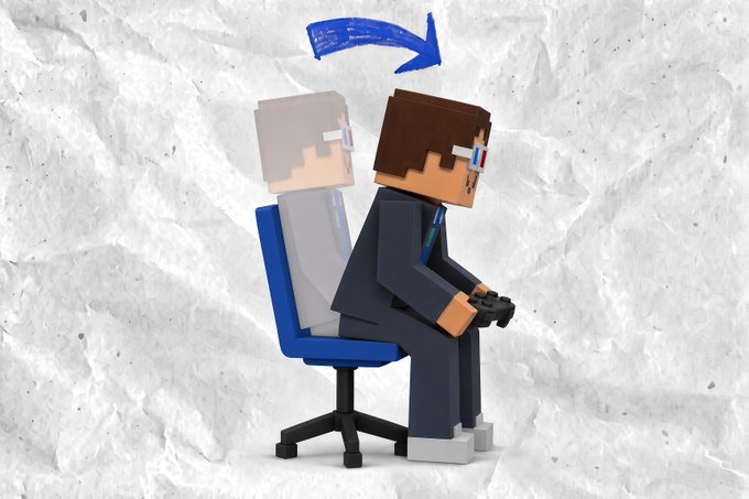 Minecraft-style 3D illustration showing two blocky characters on a chair, with a hand-drawn blue arrow pointing to the front character.