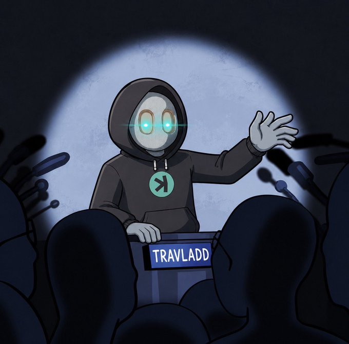 A hooded robot figure with glowing eyes stands behind a podium labeled "TRAVLADD," gesturing to a crowd of silhouetted figures holding microphones in a dramatic spotlight. The image's robotic, anonymous figure surrounded by eager microphones visually represents the cryptic, attention-grabbing persona behind the "$KAS is king" post, where the speaker positions themselves as a singular authority on tech fundamentals versus price action.