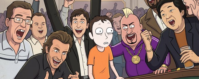 A cartoon-style illustration showing a crowd of excited onlookers in various outfits cheering, with a central character featuring a distinctive wide-eyed expression reminiscent of the 'Morty' meme face.