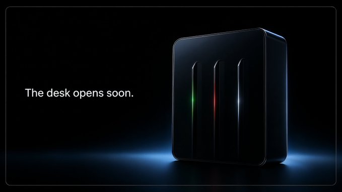 A sleek black cube with glowing vertical lights (green, red, and white) sits against a dark background, accompanied by the text "The desk opens soon." The futuristic, tech-inspired design and teaser text build anticipation for the upcoming launch of a trading desk on Robinhood Chain with Virtuals, matching the post's message about creating and growing your own trading desk.