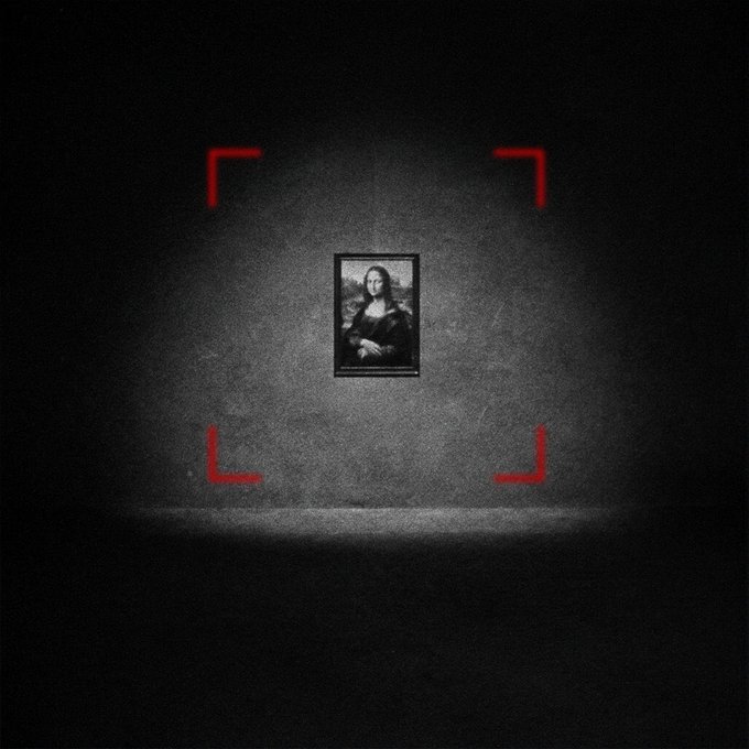 A dark, minimalist image shows the Mona Lisa painting framed on a shadowy concrete wall, illuminated by a spotlight and surrounded by red camera focus brackets.