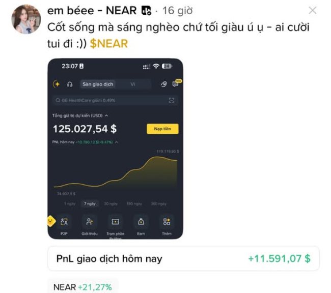 A Vietnamese social media post by 'em béee - NEAR' showing a trading app screenshot with a portfolio value of $125,027.54, featuring NEAR token up +21.27% and PnL of +$11,591.07.