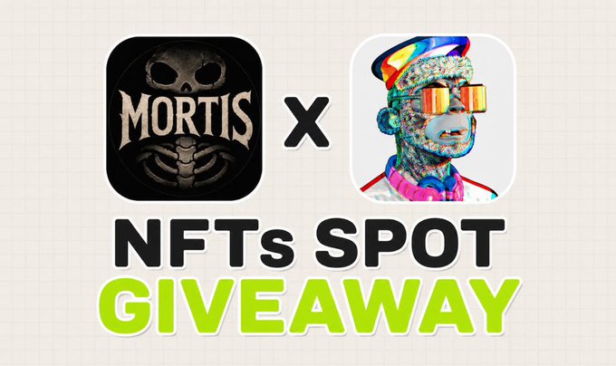 A promotional graphic featuring the 'MORTIS' NFT logo alongside a colorful stylized monkey avatar, with bold text reading 'NFTs SPOT GIVEAWAY'.