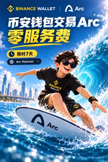A promotional poster showing a young man surfing on a wave, wearing a 'BINANCE WALLET' shirt and surfing an 'Arc' branded surfboard, with Chinese text '币安钱包交易 Arc 零服务费' (Binance Wallet Trades Arc, Zero Service Fee) and '限时7天' (Limited 7 days) alongside an 'Arc Mainnet' button.
