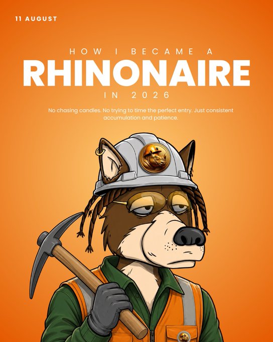 A movie poster illustration titled 'HOW I BECAME A RHINONAIRE IN 2026' dated '11 AUGUST' features an anthropomorphic dog character wearing a hard hat with a headlamp, safety goggles, and an orange vest while holding a pickaxe.