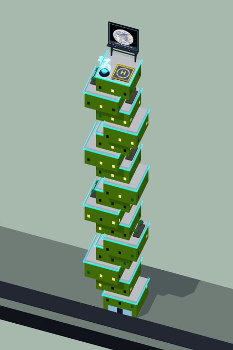 A tall, precarious tower of stacked green, blocky buildings featuring small yellow windows, topped with a satellite dish and a moon-shaped sign.