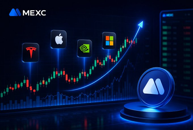 A promotional graphic for 'MEXC' showing a stock chart with an upward arrow and icons for Tesla, Apple, NVIDIA, and Microsoft.