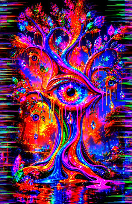 A highly saturated, psychedelic digital artwork features a surreal tree with a large central eye surrounded by dripping rainbow colors and smaller eyes against a glitch-effect background.