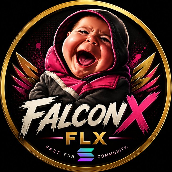 A logo for 'FALCON X FLX' features a crying baby in a pink and black hooded jacket against a black and gold background with the tagline 'FAST. FUN. COMMUNITY.'.