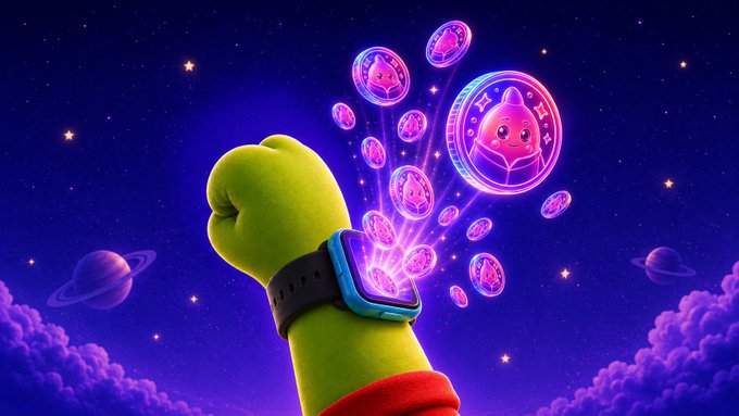 A colorful 3D-rendered illustration of a green cartoon character's fist wearing a smartwatch, with glowing purple cryptocurrency-style coins featuring cat faces bursting out of the screen against a starry cosmic background with planets.