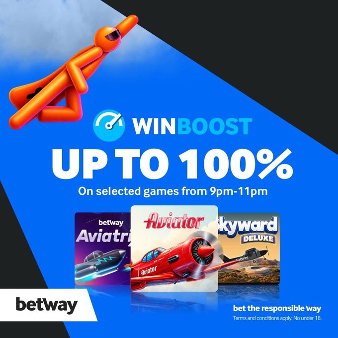 A promotional advertisement for Betway's 'WINBOOST' offering up to 100% on selected games between 9pm-11pm, featuring the Aviator and Skyward Deluxe games alongside a cartoon orange character.