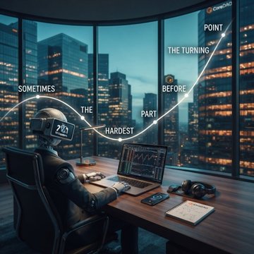 A futuristic scene of a robot sitting at a desk with a laptop in a high-rise office overlooking a city at night, overlaid with a chart graph and the motivational text 'SOMETIMES THE HARDEST PART IS THE TURNING BEFORE THE POINT'.
