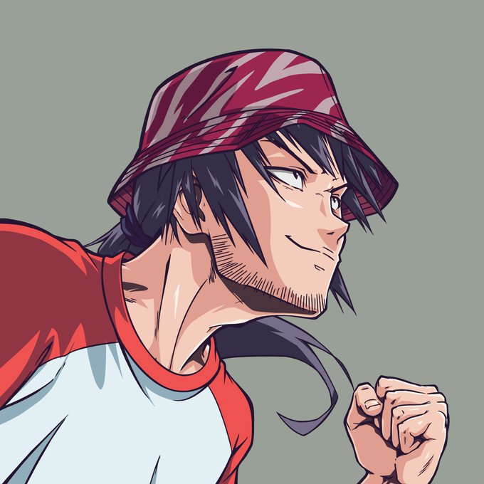 An anime-style illustration depicts a male character with long dark hair, wearing a red and white patterned bucket hat and a red and white shirt, smiling confidently.