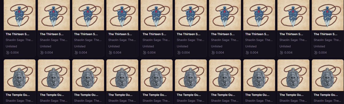 A screenshot of an NFT marketplace showing two rows of identical items: ten 'The Thirteen S...' pendants in the top row and ten 'The Temple Gu...' pendants in the bottom row, both from 'Shaolin Saga'.