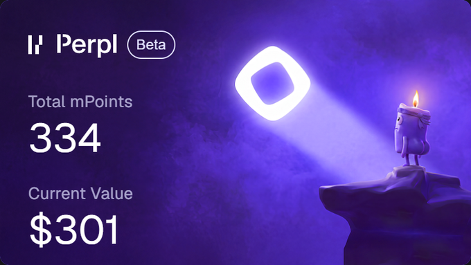 A digital dashboard for 'Perpl Beta' showing Total mPoints of 334 and Current Value of $301, illustrated with a glowing diamond and a small character holding a candle on a rock.
