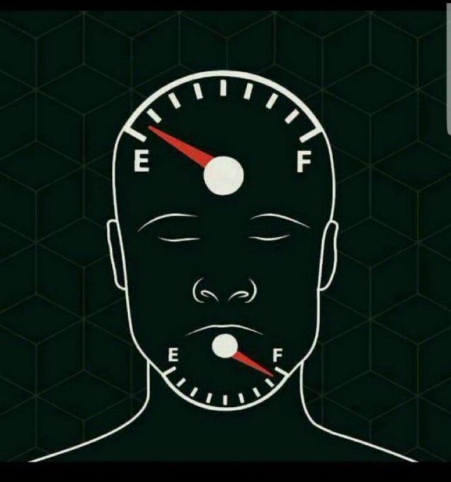 The image shows a stylized face with two fuel gauges—one on the forehead and one on the chin—both with red needles pointing to "E" (Empty), symbolizing depleted energy or motivation. This visually captures the post's joke that "90% of the crypto bros" have their emotional and financial tanks running on empty.