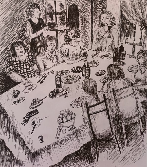 A black ink illustration depicts a lively dinner party with eight figures gathered around a table laden with food, wine bottles, and dishes, while one woman stands to serve and another drinks from a glass. The artwork's title "The Banquet in Hell" aptly reflects the scene's darkly theatrical atmosphere, with expressive, almost grotesque character faces and dramatic crosshatching enhancing the infernal mood of the gathering.