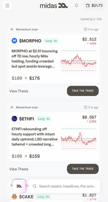 A screenshot of the midas trading app showing momentum scan alerts for $MORPHO (up 1.45%) and $ETHFI (up 2.29%), with portfolio value $21.73 and a 'TAKE THE TRADE' option.