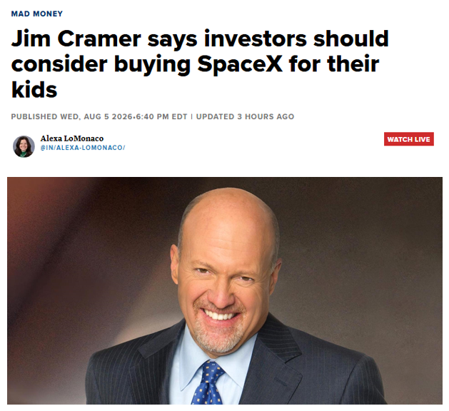 A screenshot of a news article headline reading 'Jim Cramer says investors should consider buying SpaceX for their kids' under a 'MAD MONEY' tag, accompanied by a portrait of a smiling, bald man in a suit.