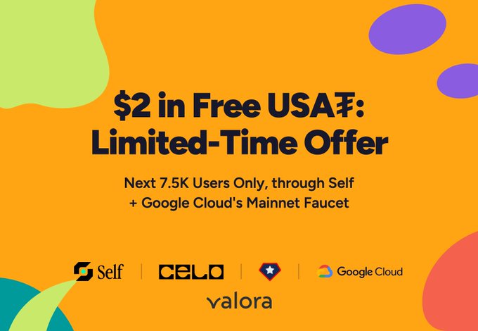 A bright orange promotional graphic announces "$2 in Free USA₮: Limited-Time Offer," available to the "Next 7.5K Users Only, through Self + Google Cloud's Mainnet Faucet," featuring logos for Self, CELO, Google Cloud, and Valora to align with the post's call for verified users to claim their boosted stablecoin reward before the user cap is reached.