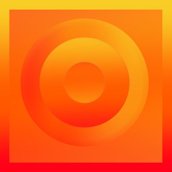 An abstract geometric composition consisting of concentric orange and yellow circles with a central red disc, set against a warm orange and yellow gradient background.