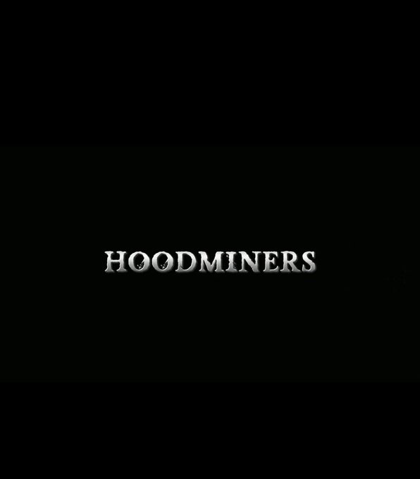The word "HOODMINERS" is displayed in a metallic silver font against a solid black background.