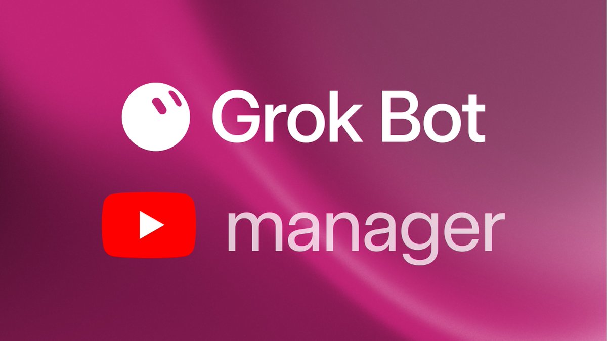A magenta gradient banner displays the white text "Grok Bot" next to a smiley face logo, with "manager" below beside a red YouTube play button logo.