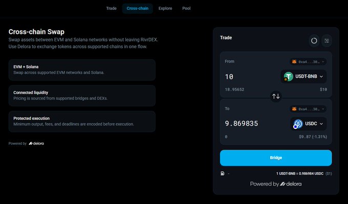 Screenshot of RivDEX Cross-chain Swap interface showing a trade of 10 USDT-BNB to 9.869835 USDC on the 0x94...30 address, powered by deBridge.