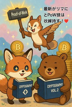 A colorful illustration featuring a squirrel holding a 'Proof-of-Work' sign, alongside a fox and bear reading books labeled 'CRYPTOGRAPHY' and 'CRYPTOGRAPHY VOL.2', with Japanese text '最新がリアニにPoW技は伏線持す！♥'.