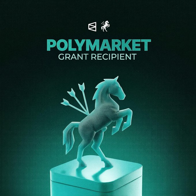 A teal-tinted 3D statue of a rearing horse with arrows piercing its back stands on a pedestal against a dark green background, beneath the text "POLYMARKET GRANT RECIPIENT" and logos at the top. The image visually represents the recently announced Polymarket grant mentioned in the post, symbolizing @bravadotrade as a newly supported project in the prediction markets space.