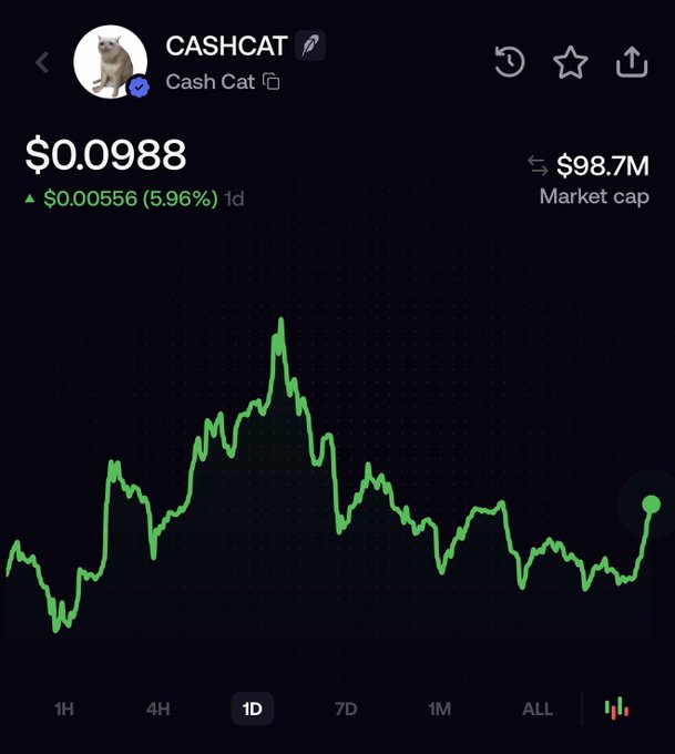 A screenshot of the Cash Cat (CASHCAT) cryptocurrency on a trading app shows a price of $0.0988 with a 5.96% increase (up $0.00556) over 1 day and a market cap of $98.7M, nearly hitting the $100M milestone the poster anticipates crossing. The green price chart illustrates volatile movement that supports the poster's bullish sentiment about the token reaching and sustaining a market cap above $100M.