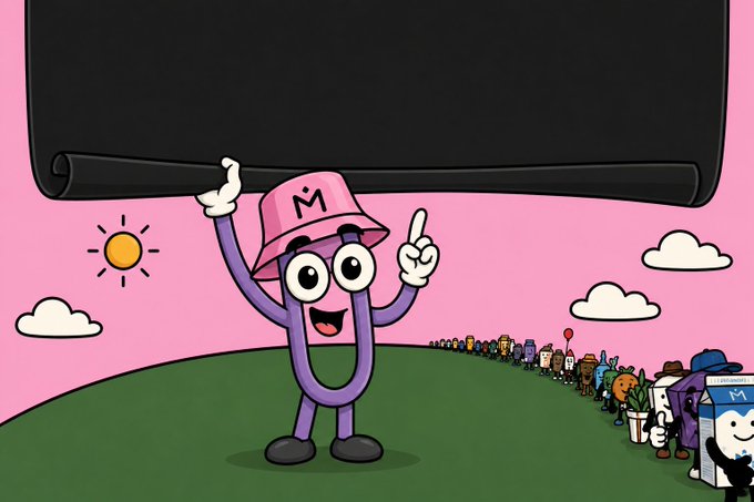 A purple character with a pink hat, holding a black object and pointing upwards, stands against a pink background with white clouds and blue sky.
