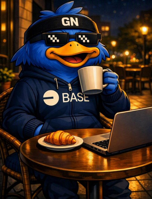 A blue cartoon duck character wearing pixelated sunglasses and a headband labeled 'GN' drinks from a white mug while wearing a 'BASE' hoodie at an outdoor cafe table with a laptop and croissant.