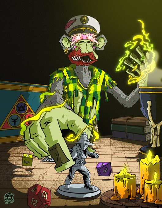 A monstrous green Mutant Ape Yacht Club (MAYC) character wearing a sailor's hat and dripping green slime towers over a tiny adventurer figurine on a tabletop, with glowing yellow magic emanating from its hand, surrounded by D&D dice showing numbers like 10, 12, and 8, alongside melting candles and an adventurer's pack. The image brings the "cool D&D vibes" mentioned in the caption to life by merging the iconic Bored Ape aesthetic with a classic tabletop role-playing game scene.