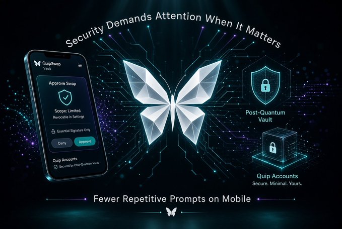 Advertisement for QuipSwap featuring a butterfly logo, mobile interface showing 'Approve Swap' with 'Deny/Approve' buttons, and text 'Security Demands Attention When It Matters,' 'Post-Quantum Vault,' 'Quip Accounts Secure. Minimal. Yours,' and 'Fewer Repetitive Prompts on Mobile.'