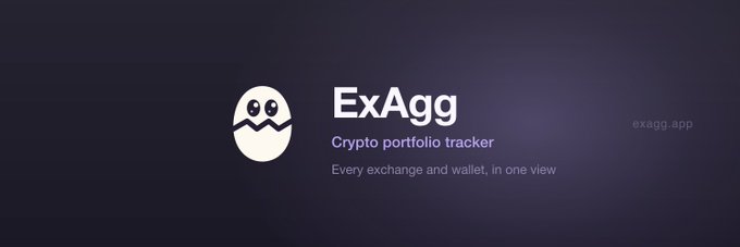 A minimalist dark purple banner for 'ExAgg' describing it as a 'Crypto portfolio tracker' with the tagline 'Every exchange and wallet, in one view' and URL exagg.app.