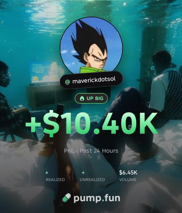A cryptocurrency trading interface from pump.fun for the token '@maverickdotsol' featuring a Vegeta (from Dragon Ball) profile picture, showing a 24-hour gain of +$10.40K and a volume of $6.45K.