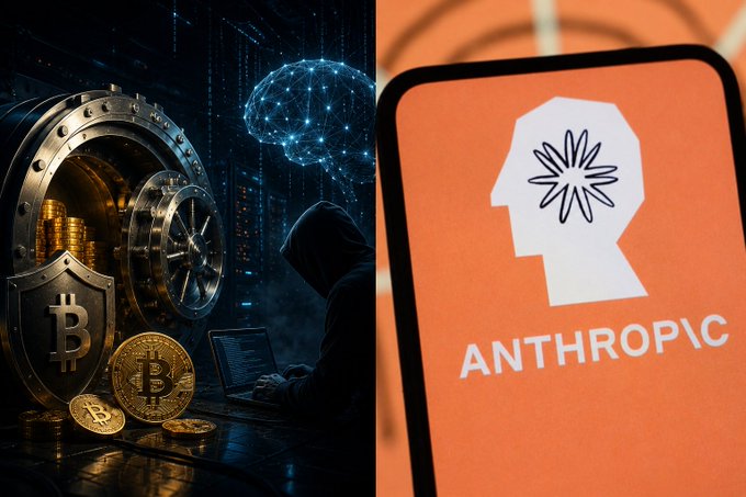A split image shows a hooded figure hacking a laptop in front of a bank vault filled with Bitcoin coins on the left, and a smartphone displaying the 'ANTHROPIC' logo on an orange background on the right.