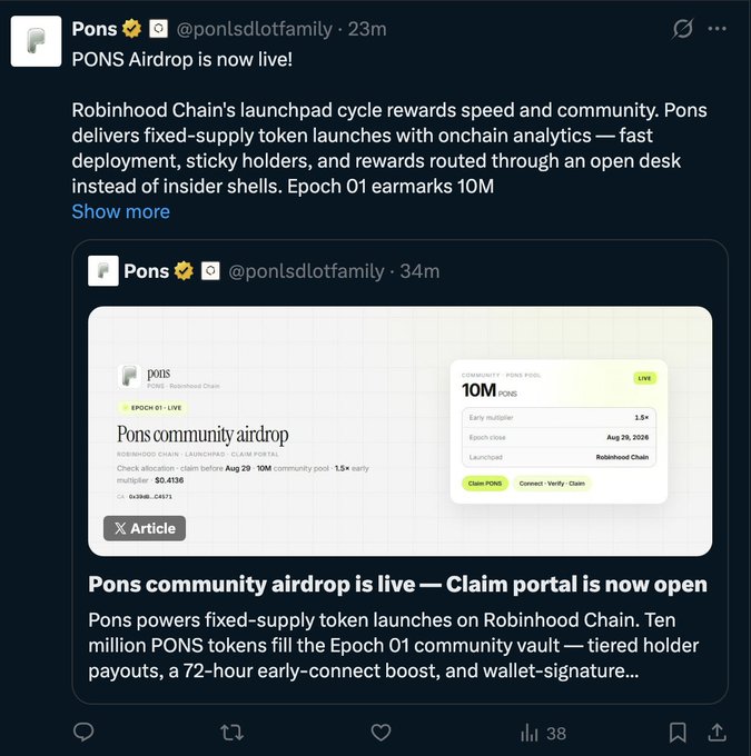 The image shows a post from "Pons" (@ponsdlotfamily) claiming a "PONS Airdrop" is live on Robinhood Chain, advertising 10M community tokens with a 1.5x early multiplier and a $0.4136 multiplier. This aligns with the accompanying post's warning, as it appears to be a classic crypto airdrop scam impersonating a legitimate platform (Robinhood Chain) to lure users into connecting wallets and verifying claims—a common phishing tactic that exploits bull market enthusiasm.