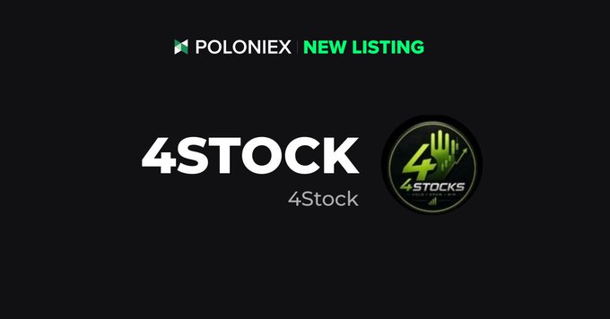 Poloniex cryptocurrency exchange announcement graphic featuring the '4STOCK' new listing, with the Poloniex logo and green 'NEW LISTING' text at the top.