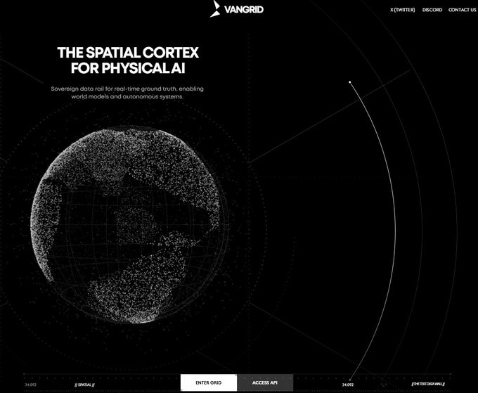 The VanGrid website homepage featuring 'THE SPATIAL CORTEX FOR PHYSICAL AI' with a particle-rendered globe and navigation links.