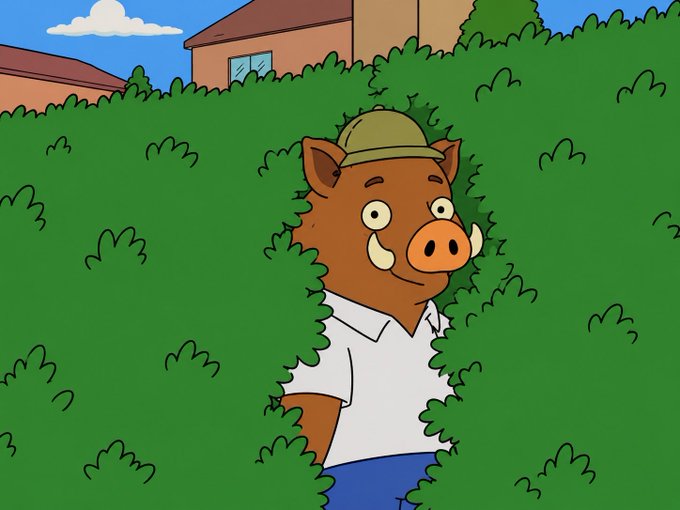 A cartoon illustration shows a brown warthog character wearing a safari hat and white shirt peeking out suspiciously from behind a green hedge.