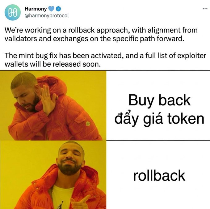 A meme image using the Drake format to react to a tweet from @harmonyprotocol about a rollback approach and mint bug fix, rejecting 'Buy back đẩy giá token' in favor of 'rollback'.