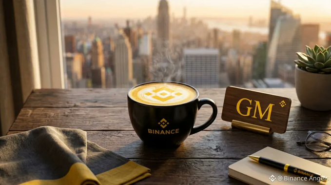 A steaming cup of coffee branded with the Binance logo sits on a wooden table beside a "GM" sign, set against a stunning city skyline at sunrise—perfectly complementing the post's cheerful morning greeting and invitation to enjoy a "Binance coffee" for a great day ahead.